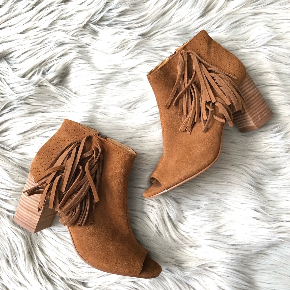 Kensie “Erica” Suede Peep Toe Fringe Detail Bootie